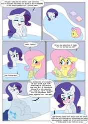 Size: 2894x4093 | Tagged: suggestive, artist:auroramint, artist:shoelace, derpibooru import, part of a set, fluttershy, rarity, pegasus, pony, unicorn, comic:rarity's delight, blushing, comic, commission, embarrassed, horn, image, imminent vore, implied scat, implied vore, png, this will end in vore