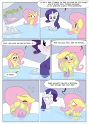 Size: 2894x4093 | Tagged: suggestive, artist:auroramint, artist:shoelace, derpibooru import, part of a set, fluttershy, rarity, pegasus, pony, unicorn, comic:rarity's delight, blushing, comic, commission, embarrassed, horn, image, imminent vore, implied vore, png, stomach noise, this will end in vore