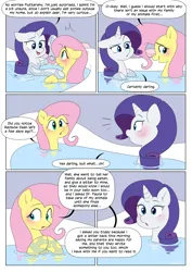Size: 2894x4093 | Tagged: suggestive, artist:auroramint, artist:shoelace, derpibooru import, part of a set, fluttershy, rarity, pegasus, pony, unicorn, comic:rarity's delight, blushing, comic, commission, embarrassed, horn, image, imminent vore, implied vore, png, this will end in vore