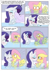 Size: 2894x4093 | Tagged: suggestive, artist:auroramint, artist:shoelace, derpibooru import, part of a set, fluttershy, rarity, pegasus, pony, unicorn, comic:rarity's delight, blushing, comic, commission, embarrassed, horn, hug, image, imminent sex, implied vore, kissing, magic, png, spread wings, telekinesis, this will end in vore, wingboner, wings