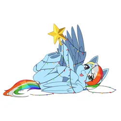 Size: 2000x2000 | Tagged: safe, artist:erein, derpibooru import, oc, oc:azure, unofficial characters only, pegasus, pony, christmas, christmas lights, colored, commission, cute, ears up, female, flat colors, garland, gray eyes, happy, high res, holiday, image, jpeg, lying down, mare, multicolored hair, not rainbow dash, on back, open mouth, open smile, parents:canon x oc, pegasus oc, simple background, smiling, solo, stars, tangled up, underhoof, white background, wings