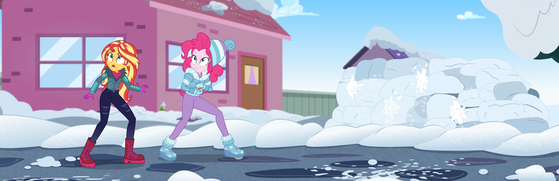 Size: 3338x1080 | Tagged: safe, composite screencap, derpibooru import, edit, edited screencap, screencap, pinkie pie, sunset shimmer, human, equestria girls, equestria girls series, holidays unwrapped, spoiler:eqg series (season 2), clothes, coat, g4, hat, image, pants, png, saving pinkie's pie, snow, souffle, toque, winter, winter outfit