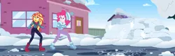 Size: 3338x1080 | Tagged: safe, composite screencap, derpibooru import, edit, edited screencap, screencap, pinkie pie, sunset shimmer, human, equestria girls, equestria girls series, holidays unwrapped, spoiler:eqg series (season 2), clothes, coat, g4, hat, image, pants, png, saving pinkie's pie, snow, souffle, toque, winter, winter outfit