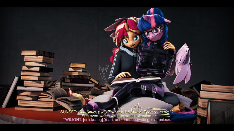 Size: 9600x5400 | Tagged: suggestive, artist:imafutureguitarhero, derpibooru import, sci-twi, sunset shimmer, twilight sparkle, twilight sparkle (alicorn), alicorn, anthro, classical unicorn, pony, unguligrade anthro, unicorn, series:twilight's sexual deviancy, 3d, absurd file size, absurd resolution, adidas, alicornified, bdsm, belt buckle, belts, black bars, bondage, book, bookhorse, bound, cheek fluff, chest fluff, chin fluff, chromatic aberration, clothes, cloven hooves, collar, colored eyebrows, colored eyelashes, colored wings, crossed legs, cute, dialogue, dialogue in the description, diary, domset, dork, duo, ear fluff, ear freckles, female, femsub, film grain, floppy ears, fluffy, fluffy hair, fluffy mane, fluffy tail, freckles, fur, g4, gentle femdom, glasses, gloves, great and powerful, hand freckles, hand on shoulder, handwriting, happy, happy bondage, hoodie, hoof fluff, horn, image, implied trixie, jacket, jpeg, latex, latex gloves, latex socks, latex suit, leg strap, leonine tail, letterboxing, long nails, mare, multicolored hair, multicolored mane, multicolored tail, neck fluff, one ear down, open mouth, paintover, pants, partially open wings, peppered bacon, pile of books, pillow, pointing, race swap, reading, reading together, revamped anthros, revamped ponies, sci-twilicorn, shiny, signature, sitting, sitting on lap, smiling, snickering, socks, source filmmaker, stage.bsp, straitjacket, straps, submissive, subtitles, tail, text, twiabetes, twisub, two toned wings, unshorn fetlocks, wall of tags, wing freckles, wing hands, wings