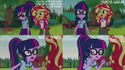 Size: 2000x1125 | Tagged: safe, derpibooru import, edit, edited screencap, editor:quoterific, screencap, sci-twi, sunset shimmer, twilight sparkle, human, equestria girls, legend of everfree, camp everfree outfits, clothes, denim, denim shorts, g4, glasses, image, png, ponytail, shorts