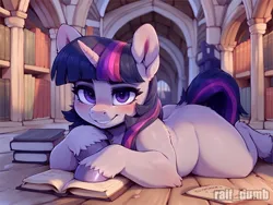 Size: 1024x768 | Tagged: safe, ai content, derpibooru import, machine learning generated, prompter:raif, twilight sparkle, pony, unicorn, blushing, book, bookshelf, castle, eyebrows, eyelashes, eyeliner, female, fluffy, g4, hooves, horn, image, indoors, jpeg, library, looking at you, lying down, makeup, multicolored hair, multicolored tail, purple eyes, smiling, smiling at you, solo, tail, watermark
