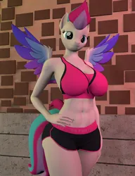 Size: 1660x2160 | Tagged: safe, artist:olkategrin, derpibooru import, zipp storm, anthro, pegasus, g5, abs, athletic, belly, big breasts, breasts, busty zipp storm, clothes, colored wings, commission, female, fit, hand on hip, image, looking at you, multicolored hair, multicolored wings, outdoors, png, shorts, slender, smiling, smiling at you, solo, sports, sports bra, sports outfit, sports shorts, spread wings, standing, thighs, thin, thunder thighs, wide hips, wings