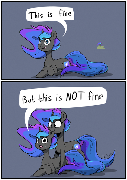 Size: 1240x1754 | Tagged: safe, artist:la hum, derpibooru import, oc, pony, unicorn, 2 panel comic, biting, comic, duo, ear bite, horn, image, lying down, nervous sweat, open mouth, open smile, png, prone, self paradox, self ponidox, smiling, speech bubble, this is fine, this is not fine