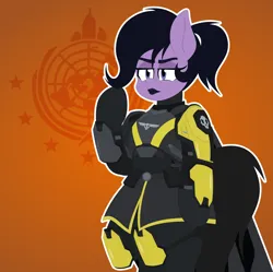 Size: 2086x2080 | Tagged: safe, alternate version, artist:isaac_pony, derpibooru import, oc, unofficial characters only, earth pony, pony, semi-anthro, armor, black lipstick, crossover, female, game, helldivers, helldivers 2, image, lipstick, mare, orange background, png, simple background, skull, solo, tail