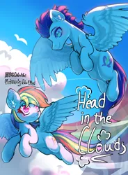 Size: 840x1140 | Tagged: safe, artist:celedash, derpibooru import, rainbow dash, soarin', pegasus, pony, fanfic:head in the clouds, fanfic:piercing the heavens, blushing, cloud, fanfic art, female, flying, image, looking at each other, looking at someone, male, mare, png, romance, shipping, soarindash, stallion, straight