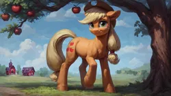 Size: 1920x1080 | Tagged: safe, ai content, derpibooru import, machine learning generated, prompter:truekry, stable diffusion, applejack, earth pony, pony, cowboy hat, female, full body, g4, generator:pony diffusion v6 xl, hat, image, looking at you, png, smiling, smiling at you, solo, solo female, stetson, wallpaper