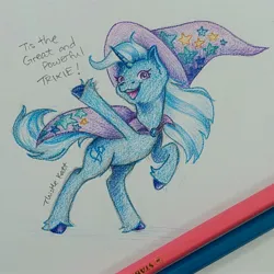 Size: 2048x2048 | Tagged: safe, artist:thistlekatt, derpibooru import, trixie, cape, clothes, hat, image, jpeg, traditional art, trixie's cape, trixie's hat