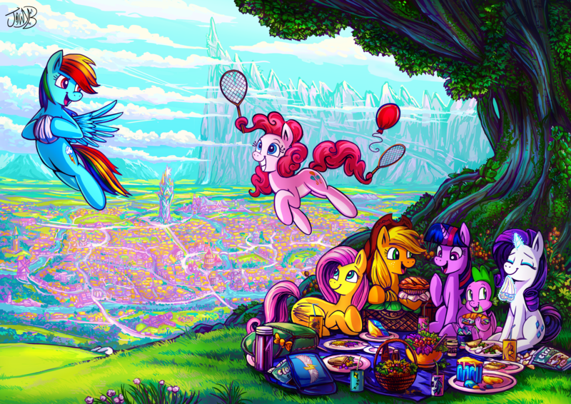 Size: 4373x3092 | Tagged: safe, artist:jowybean, derpibooru import, applejack, fluttershy, pinkie pie, rainbow dash, rarity, spike, twilight sparkle, dragon, earth pony, pegasus, pony, unicorn, balloon, basket, cake, canterlot mountain, cup, day, female, flying, food, glow, glowing horn, grin, handkerchief, high res, horn, image, magic, mane seven, mane six, mare, marshmallow, open mouth, picnic, picnic blanket, pie, plate, png, ponyville, prehensile mane, prehensile tail, salad, sandwich, scenery, smiling, tail, telekinesis, tennis racket, thermos, tree, twilight's castle, winged spike, wings