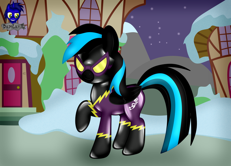 Size: 5760x4154 | Tagged: safe, artist:damlanil, derpibooru import, oc, oc:nightlight aura, pegasus, pony, bodysuit, clothes, commission, costume, female, goggles, house, image, latex, latex suit, mare, png, rubber, shadowbolts, shadowbolts costume, shiny, show accurate, snow, solo, suit, uniform, vector, wings