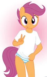 Size: 2010x3315 | Tagged: suggestive, artist:tolpain, banned from derpibooru, ponerpics import, ponybooru import, scootaloo, anthro, earth pony, pony, :p, clothes, female, filly, foal, foalcon, image, lolicon, looking at you, panties, peace sign, png, shirt, solo, solo female, t-shirt, tongue out, underage, underwear