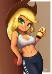 Size: 706x1000 | Tagged: safe, artist:the-park, derpibooru import, applejack, human, equestria girls, belly button, breasts, brown background, busty applejack, cleavage, clothes, cowboy hat, g4, hat, image, leaning, leggings, looking at you, midriff, mobile phone, mug, phone, png, simple background, solo, tanktop, tumblr, workout outfit