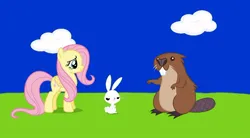 Size: 1080x597 | Tagged: safe, screencap, angel bunny, fluttershy, beaver, pegasus, pony, rabbit, series:an angel's tale, series:mlp animation's short films, angel bunny is not amused, animal, image, jpeg, trio, unamused