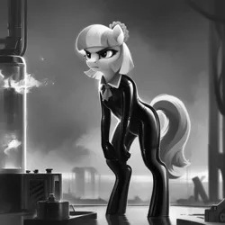 Size: 1024x1024 | Tagged: suggestive, ai content, derpibooru import, machine learning generated, stable diffusion, coco pommel, anthro, earth pony, unguligrade anthro, black and white, clothes, cloud, cloudy, fire, frown, generator:purplesmart.ai, gloves, grayscale, image, industrial, jpeg, latex, latex gloves, latex socks, latex suit, monochrome, overcast, rubber, rubber suit, slouching, socks, solo