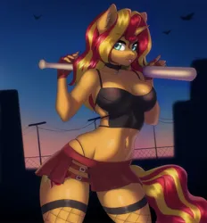 Size: 3712x4000 | Tagged: suggestive, artist:yutakira92, derpibooru import, sunset shimmer, anthro, unicorn, baseball bat, belly button, belly piercing, big breasts, breasts, choker, cleavage, clothes, ear piercing, eye clipping through hair, eyebrows, eyebrows visible through hair, female, fingerless gloves, fishnets, gloves, horn, image, jpeg, looking at you, microskirt, midriff, miniskirt, panties, piercing, raspberry, skirt, socks, solo, solo female, stockings, thigh highs, tongue out, underwear
