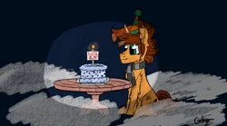 Size: 3276x1816 | Tagged: safe, artist:gotyx96, derpibooru import, oc, oc:autumn falls, unofficial characters only, pony, unicorn, birthday, birthday cake, cake, candle, food, hat, horn, image, male, party hat, png, solo, stallion, text