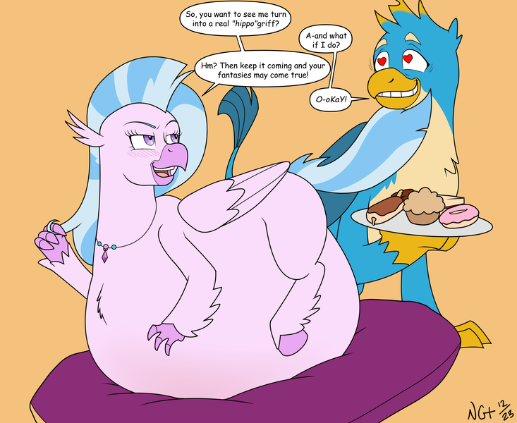 Size: 3850x3150 | Tagged: questionable, artist:newgainsplus, derpibooru import, gallus, silverstream, gryphon, hippogriff, belly, belly bed, big belly, chubby, fat, female, flirting, g4, gallstream, heart, heart eyes, huge belly, image, impossibly large belly, male, my little pony, png, shipping, silverblob, straight, wingding eyes
