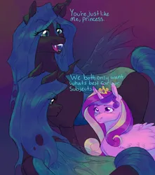 Size: 1500x1700 | Tagged: safe, artist:abbytabbys, derpibooru import, princess cadance, queen chrysalis, alicorn, changeling, changeling queen, pony, black coat, blue sclera, blue text, carapace, colored sclera, crown, dialogue, duality, duo, duo female, eye clipping through hair, eyebrows, eyebrows visible through hair, fangs, female, folded wings, frown, g4, gradient background, green eyes, horn, image, infidelity, insect wings, jewelry, jpeg, lesbian, lidded eyes, mare, multicolored mane, narrowed eyes, open mouth, open smile, pink coat, purple eyes, regalia, sharp teeth, shiny mane, shiny tail, ship:cadalis, shipping, smiling, straight mane, talking, teal mane, teal tail, teeth, tiara, unicorn horn, wavy mane, wing fluff, wingding eyes, wings