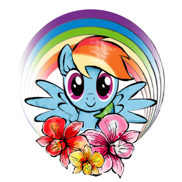 Size: 2048x2048 | Tagged: artist needed, safe, derpibooru import, official, rainbow dash, pegasus, pony, black outlines, design, digital watercolor, female, flower, g4, image, looking at you, mare, png, rainbow, shirt design, simple background, smiling, smiling at you, solo, spread wings, transparent background, wings, zazzle