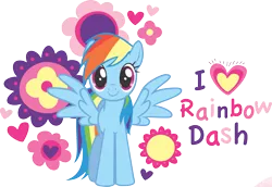 Size: 2048x1407 | Tagged: safe, derpibooru import, rainbow dash, pegasus, pony, design, female, flower, g4, happy, heart, image, looking at you, mare, png, shirt design, simple background, smiling, smiling at you, solo, spread wings, standing, stock vector, text, transparent background, wings
