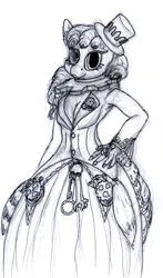 Size: 884x1500 | Tagged: safe, artist:sepiakeys, derpibooru import, anthro, clothes, dress, hat, image, monochrome, png, solo, steampunk