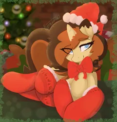 Size: 1035x1076 | Tagged: safe, artist:llametsul, derpibooru import, oc, oc:creme cookie, unofficial characters only, pony, unicorn, bedroom eyes, bow, christmas, clothes, cute, eye clipping through hair, freckles, hat, holiday, horn, image, looking at you, lying down, png, present, prone, ribbon, santa hat, smiling, smiling at you, socks, solo, stockings, thigh highs