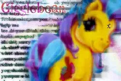 Size: 386x259 | Tagged: safe, derpibooru import, edit, editor:youssoupoff, gigglebean, earth pony, pony, g3, female, glitchcore, image, jpeg, mare, smiling, solo, tail, text, vent art, vulgar