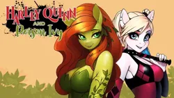 Size: 640x360 | Tagged: safe, artist:therocknrollmartian, derpibooru import, oc, ponified, anthro, earth pony, pony, big breasts, breasts, busty oc, cleavage, dc comics, duo, duo female, female, harley quinn, image, looking at you, png, poison ivy, smiling, smiling at you