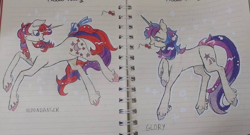 Size: 1024x554 | Tagged: safe, artist:youssoupoff, derpibooru import, glory, moondancer, pony, unicorn, g1, blush scribble, blushing, bow, duo, duo female, female, horn, image, jpeg, lesbian, lined paper, mare, notebook, raised hoof, ship:glorydancer, shipping, tail, tail bow, traditional art, unshorn fetlocks