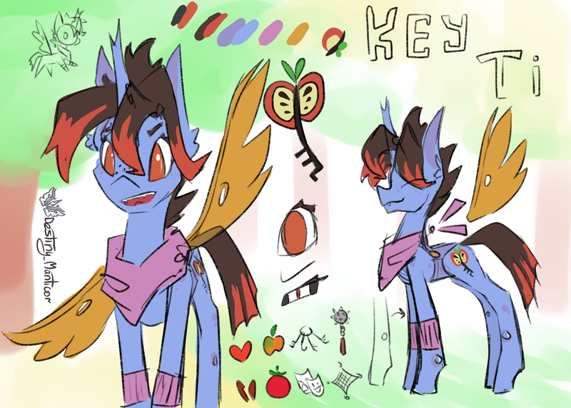 Size: 1949x1394 | Tagged: safe, artist:destiny_manticor, derpibooru import, oc, oc:key ti, unofficial characters only, changeling, hybrid, pony, apple, bandana, changeling hybrid, ear fluff, female, food, freckles, front view, horn, image, insect wings, key, mare, open mouth, png, reference sheet, side view, sketch, solo, transparent wings, two toned hair, wings