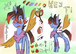 Size: 1949x1394 | Tagged: safe, artist:destiny_manticor, derpibooru import, oc, oc:key ti, unofficial characters only, changeling, hybrid, pony, apple, bandana, changeling hybrid, ear fluff, female, food, freckles, front view, horn, image, insect wings, key, mare, open mouth, png, reference sheet, side view, sketch, solo, transparent wings, two toned hair, wings