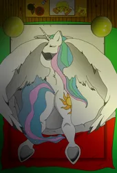 Size: 876x1286 | Tagged: safe, derpibooru import, princess celestia, bed, bedroom, butt, food, g4, image, jpeg, morning, pizza, sleepy, sunbutt