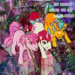 Size: 452x452 | Tagged: safe, derpibooru import, edit, edited screencap, editor:youssoupoff, screencap, bubbles (g1), cotton candy (g1), moondancer (g1), earth pony, pony, unicorn, g1, my little pony 'n friends, rescue at midnight castle, :o, chained, chains, female, glitchcore, horn, image, jpeg, mare, open mouth, tail
