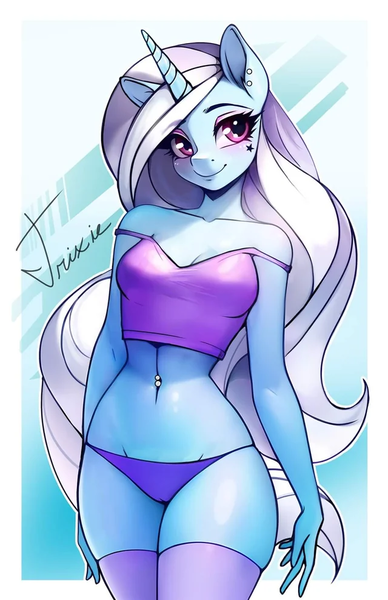 Size: 640x989 | Tagged: questionable, artist:therocknrollmartian, derpibooru import, trixie, anthro, unicorn, belly button, belly piercing, breasts, cameltoe, cleavage, clothes, ear piercing, face tattoo, female, horn, image, lingerie, looking at you, panties, piercing, png, smiling, smiling at you, socks, solo, solo female, stars, tattoo, thigh highs, underwear