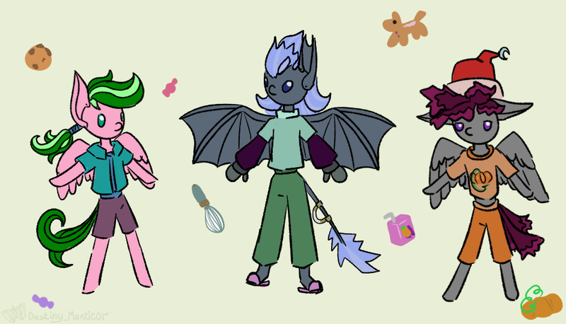 Size: 942x539 | Tagged: safe, artist:destiny_manticor, derpibooru import, oc, oc:foco deancad, oc:rosa caerula, oc:warten samitelas, unofficial characters only, bat pony, pegasus, pony, semi-anthro, clothes, digital art, female, image, male, plushie, png, pony plushie, robotic arm, simple background, t pose, wings