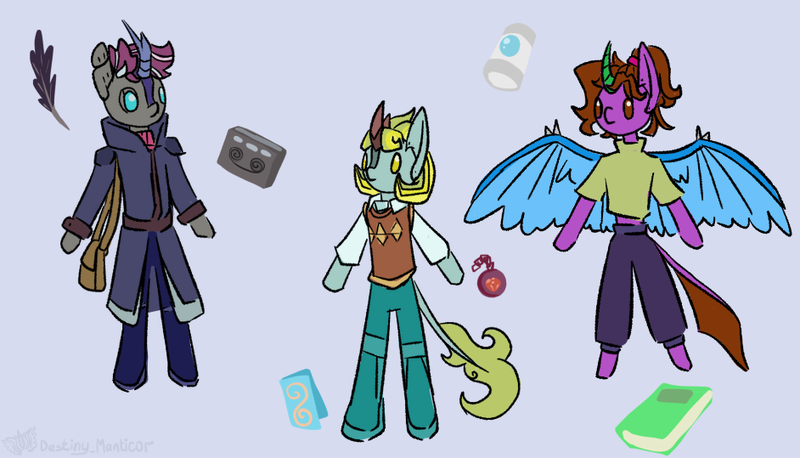Size: 942x539 | Tagged: safe, artist:destiny_manticor, derpibooru import, oc, oc:destiny manticor, oc:liam seoan, oc:tailan fmtc-05, unofficial characters only, alicorn, android, kirin, pony, robot, semi-anthro, unicorn, claws, clothes, digital art, female, horn, image, male, plushie, png, pony plushie, simple background, t pose, wing claws, wings