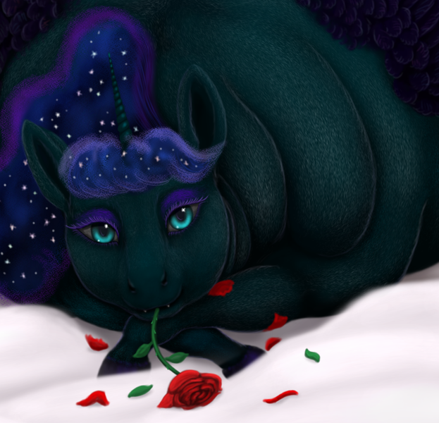 Size: 1200x1156 | Tagged: safe, artist:soobel, derpibooru import, nightmare moon, alicorn, pony, close-up, crossed hooves, eyeshadow, fat, female, flower, flower in mouth, g4, horn, image, looking at you, lying down, makeup, mare, mouth hold, obese, png, prone, rose, rose in mouth, rose petals