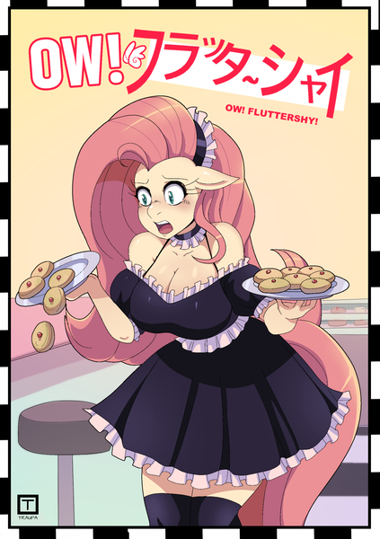Size: 1224x1736 | Tagged: suggestive, artist:traupa, derpibooru import, fluttershy, anthro, bakery, big breasts, blushing, breasts, busty fluttershy, choker, cleavage, clothes, clumsy, cookie, cover art, dessert, dress, female, fluttermaid, food, g4, image, jpeg, maid, manga, oops, open mouth, parody, redraw, socks, solo, solo female, stockings, thigh highs, tray, waitress