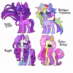 Size: 1021x1021 | Tagged: safe, artist:cutesykill, derpibooru import, fluttershy, rainbow dash, rarity, twilight sparkle, earth pony, pony, unicorn, alternate design, alternate eye color, alternate hairstyle, alternate name, alternate tailstyle, beanbrows, big ears, big eyes, colored pinnae, earth pony fluttershy, earth pony rainbow dash, eyebrows, female, flower, flower in hair, flower in tail, frown, g4, green eyes, group, hair over one eye, horn, image, jpeg, lidded eyes, long mane, long tail, mare, messy mane, messy tail, multicolored hair, multicolored mane, multicolored tail, narrowed eyes, pink mane, pink tail, purple coat, purple eyes, purple mane, purple tail, race swap, rainbow hair, rainbow tail, ringlets, shiny mane, shiny tail, simple background, standing, tail, thick eyelashes, unicorn horn, unicorn twilight, wavy mane, wavy tail, white background, white coat, wind, windswept mane, wingding eyes, yellow coat