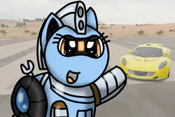 Size: 1603x1080 | Tagged: safe, artist:foxfer64_yt, derpibooru import, oc, oc:silverstream (robot pony), unofficial characters only, original species, pony, robot, robot pony, car, image, jpeg, pointing, runway, talking to viewer