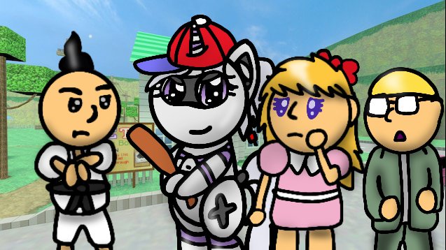 Size: 637x358 | Tagged: safe, artist:foxfer64_yt, derpibooru import, oc, oc:sixteen-bits, unofficial characters only, bat, human, original species, pony, robot, robot pony, cap, city, earthbound, game, group, hat, image, jpeg, looking at you, super nintendo, video game