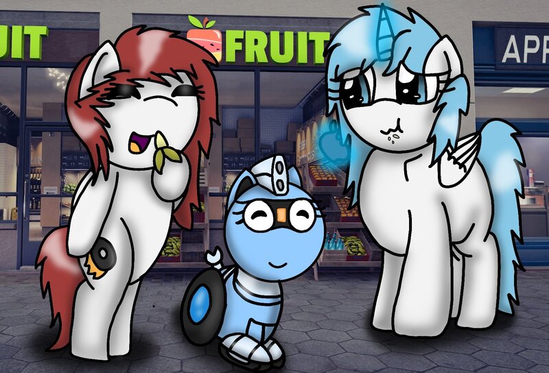 Size: 1585x1078 | Tagged: safe, artist:foxfer64_yt, derpibooru import, oc, oc:kira (fl), oc:nara (fl), oc:silverstream (robot pony), unofficial characters only, alicorn, original species, pegasus, pony, robot, robot pony, apple, banana, bipedal, eating, food, fruit, happy, image, jpeg, magic, smiling, telekinesis