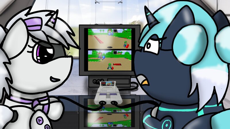 Size: 1920x1080 | Tagged: safe, artist:foxfer64_yt, derpibooru import, oc, oc:retro, oc:sixteen-bits, unofficial characters only, original species, pony, robot, robot pony, butt, confident, image, jpeg, mario kart, playing, shocked, super nintendo, television, video game