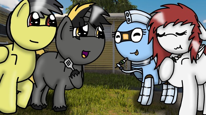 Size: 1920x1080 | Tagged: safe, artist:foxfer64_yt, derpibooru import, oc, oc:kaia mahoe, oc:kira (fl), oc:silverstream (robot pony), oc:thunder (fl), unofficial characters only, original species, pegasus, pony, robot, robot pony, unicorn, barbecue, eating, horn, image, jpeg, spatula, talking