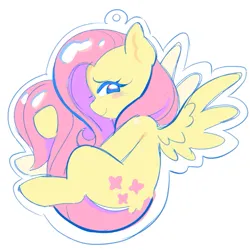 Size: 585x585 | Tagged: safe, artist:melochiau, derpibooru import, part of a set, fluttershy, pegasus, pony, blue eyes, blush sticker, blushing, butt fluff, cute, ear fluff, female, g4, hoof hold, image, keychain, lidded eyes, long mane, long tail, looking back, mare, pink mane, pink tail, png, profile, shiny mane, shiny tail, shyabetes, simple background, sketch, smiling, spread wings, tail, tail between legs, white background, wing fluff, wingding eyes, wings, yellow coat