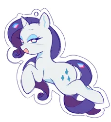 Size: 670x734 | Tagged: safe, artist:melochiau, derpibooru import, part of a set, rarity, pony, unicorn, blue eyes, blushing, ear fluff, eyeshadow, female, hooves in air, horn, image, keychain, lidded eyes, looking at you, looking back, looking back at you, makeup, mare, open mouth, open smile, png, purple mane, purple tail, shiny mane, shiny tail, simple background, sketch, smiling, solo, tail, unicorn horn, wavy mane, wavy tail, white background, white coat, wingding eyes, wip